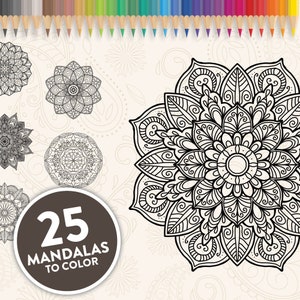 Printable Mandala Adult Coloring Pages | Floral Mandala Easy Coloring Book | 25 Mandalas