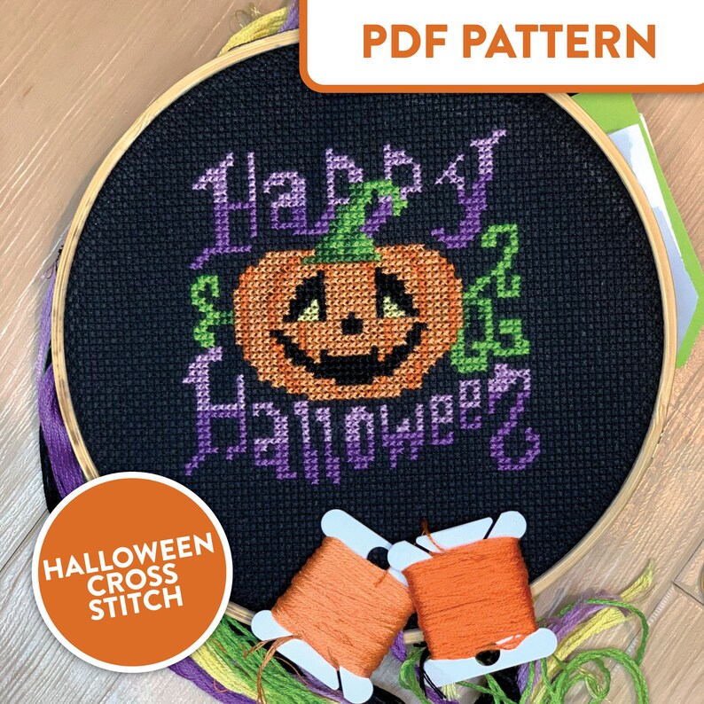 Happy Halloween Cross Stitch Pattern | Jack-o-lantern Embroidery (PDF ...