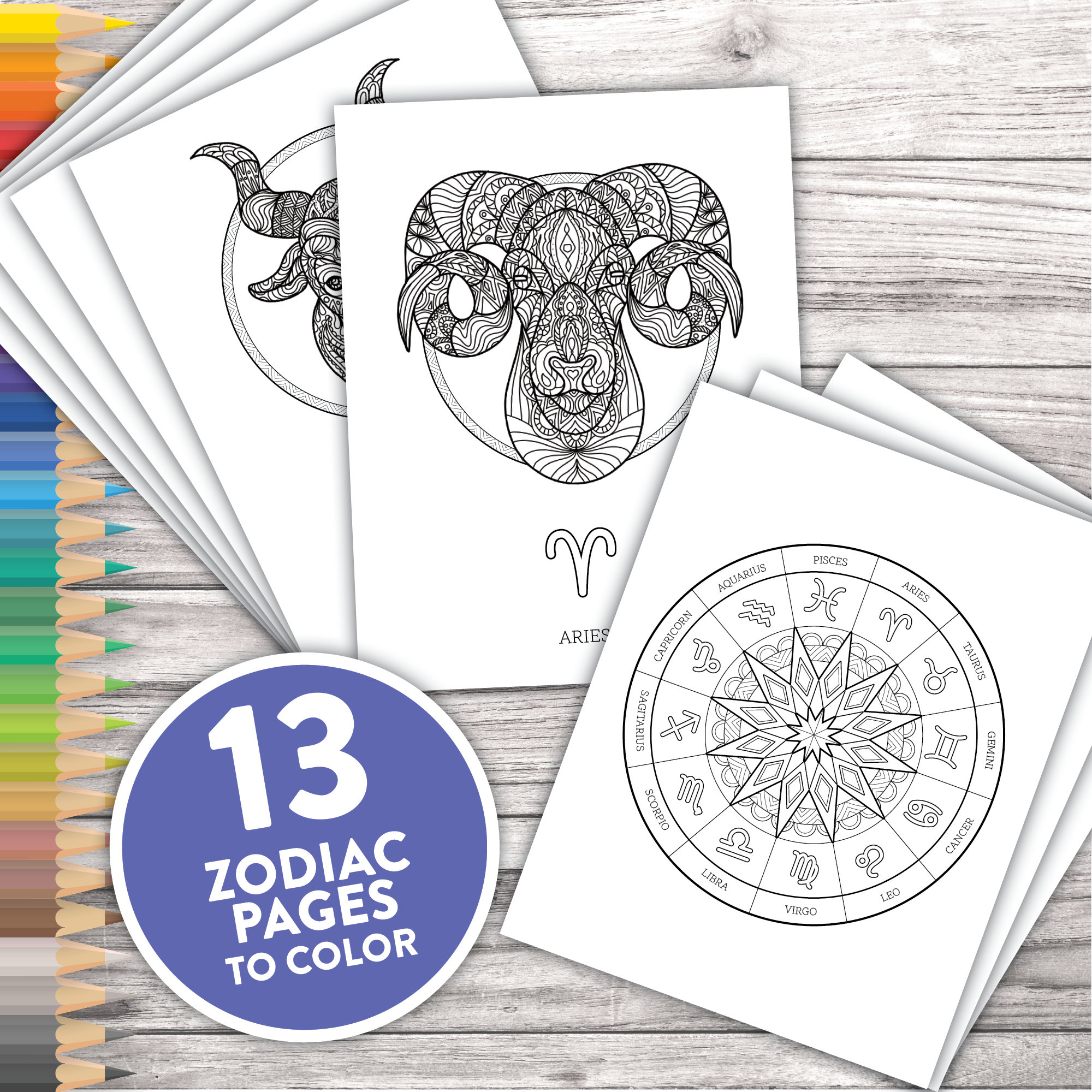 Printable Adult Coloring Pages Zodiac Star Signs Horoscope Etsy