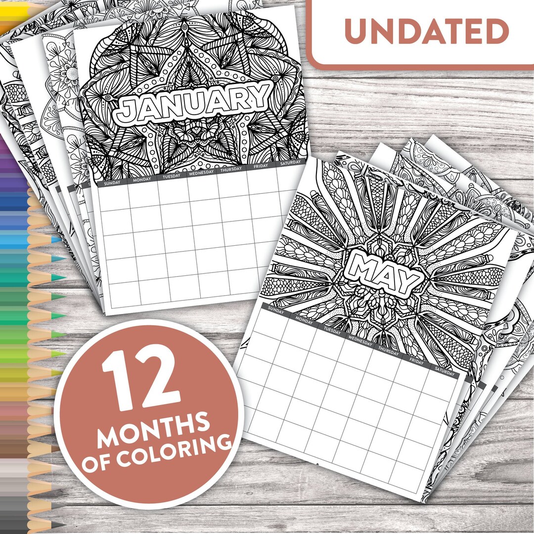 Printable Mandala Coloring Calendar Undated Desktop Calendar or Planner Insert Monthly Calendar ...