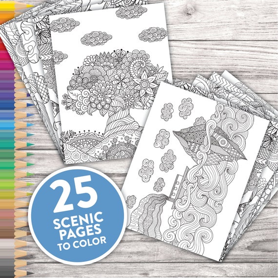 Download Printable Adult Coloring Pages Scenic Landscapes Adult Etsy