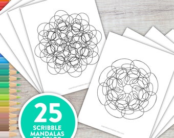 Printable Scribble Mandala Adult Coloring Pages | Easy Mandala Coloring Book | 25 Mandalas