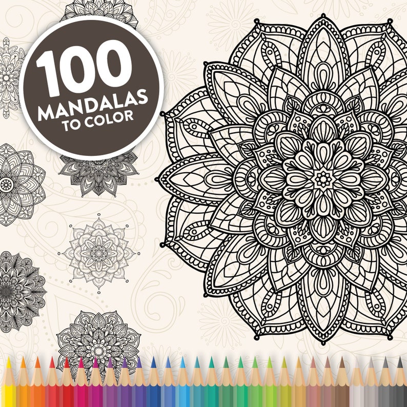 Printable Mandala Adult Coloring Pages Floral Mandala Easy Coloring Book 100 Mandalas image 1