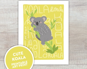 Cute Koala Printable Art Print | Kawaii Animals Decor Digital Download