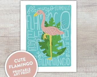 Cute Flamingo Printable Art Print | Kawaii Animals Decor Digital Download