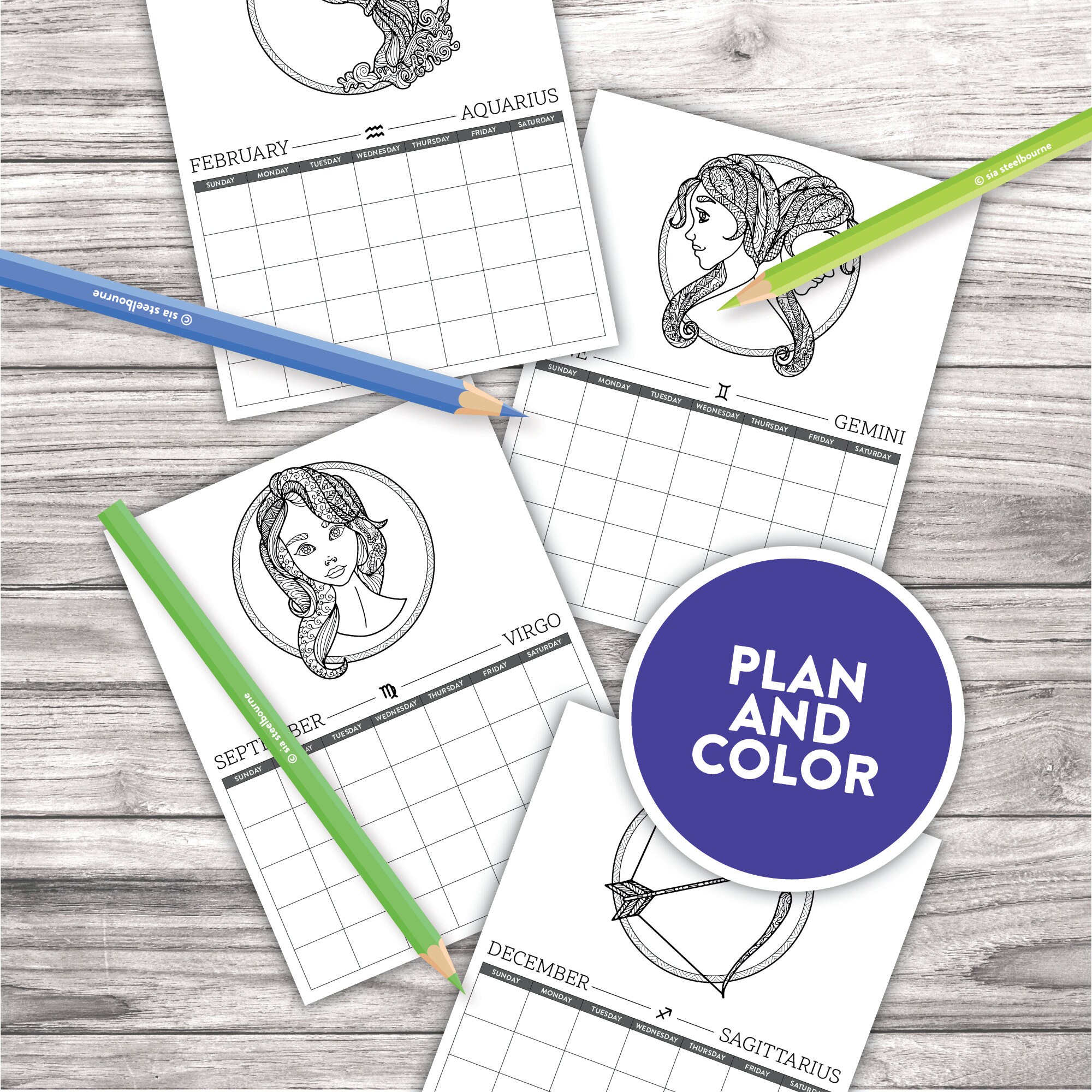 Zodiac Printable Coloring Calendar Desktop Calendar or Planner Insert Monthly Calendar Sunday ...