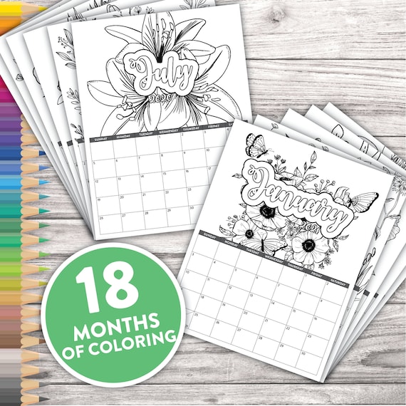 Download Printable Coloring Calendar 18 Month Calendar 2020 2021 Etsy