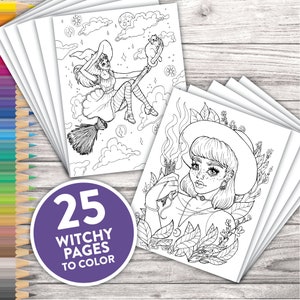 Printable Adult Coloring Pages | Witchery Autumn Fall Halloween Women |  Esoteric Tarot Dreamcatcher Magic Witchcraft