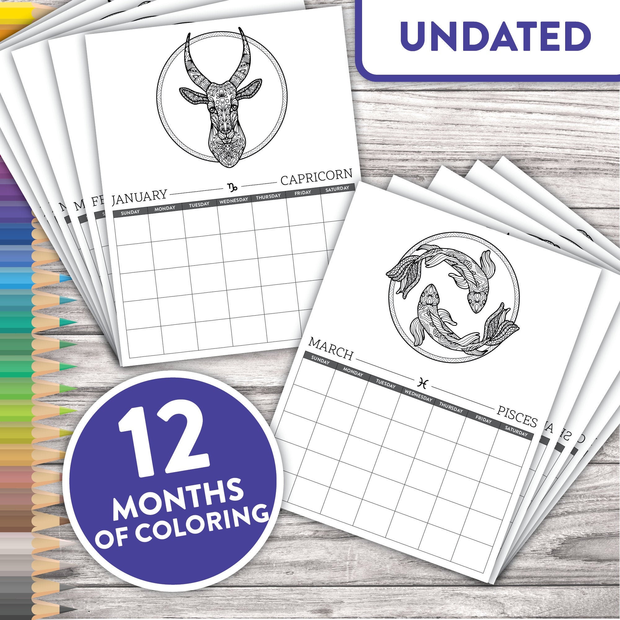Zodiac Printable Coloring Calendar Desktop Calendar or Planner Insert Monthly Calendar Sunday ...