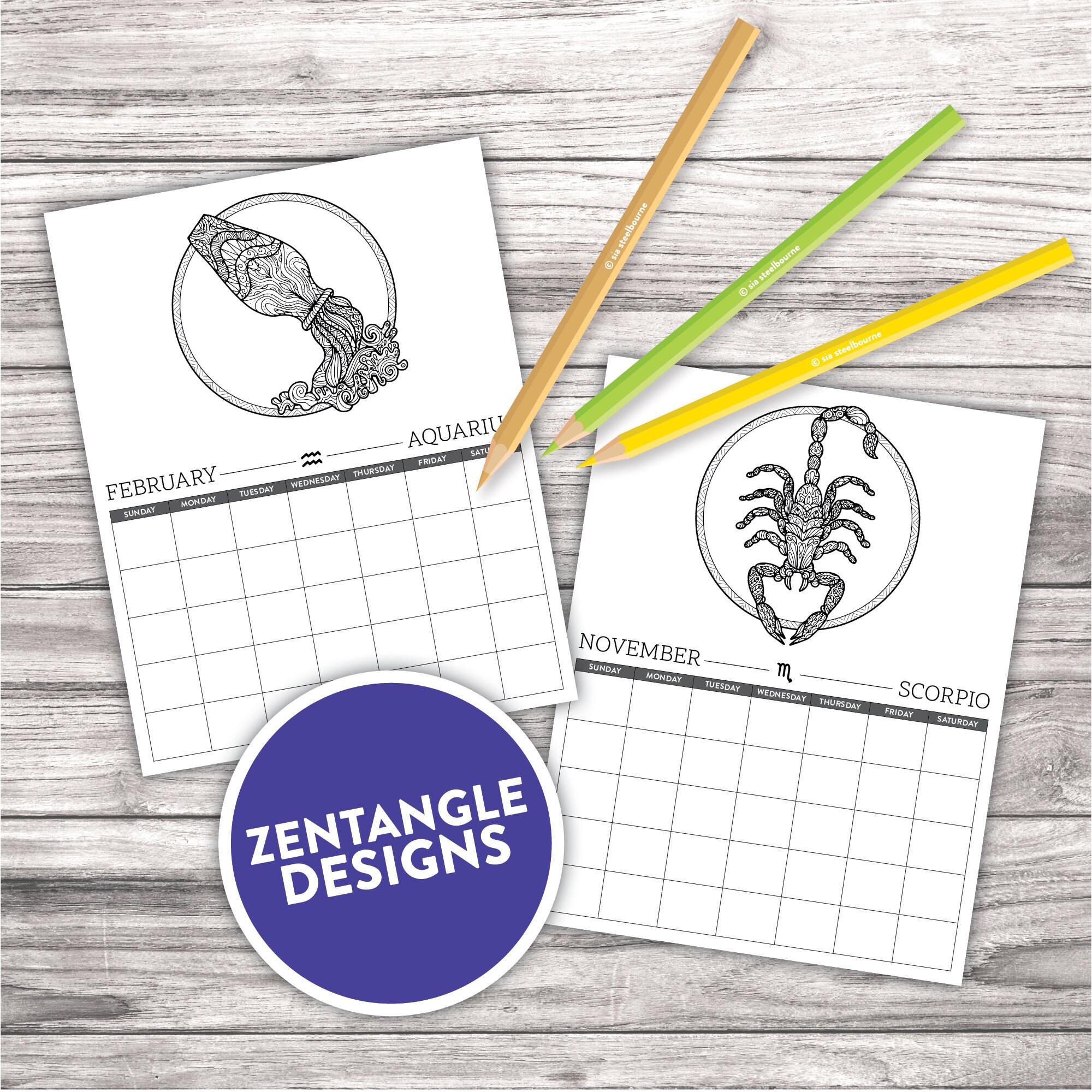 Zodiac Printable Coloring Calendar Desktop Calendar or Planner Insert Monthly Calendar Sunday ...