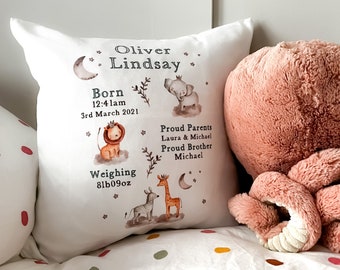 New baby gift, personalised baby birth stats cushion, nursery cushion, birth announcement, baby shower gift, baby keepsake, safari