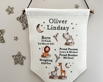 Personalised nursery wall hanging, birth announcement, flag, nursery pendent, nursery print, new baby gift, birth stats, nursery decor