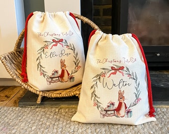 personalised santa sack, Christmas stocking, Peter rabbit, Peter rabbit Christmas, Christmas Eve box, first Christmas gift