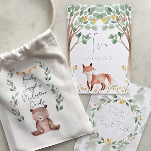 cartes jalons bébé, bois, cartes jalons bois, grossesse, cadeau de baby shower, renard, bébé ours