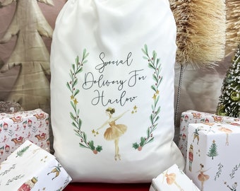 personalised santa sack, Christmas sack, Christmas nutcracker, sugar plum fairy, girl, boy, Christmas Eve box, first Christmas gift