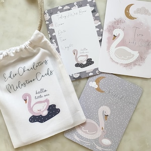 baby milestone cards, swan, swan milestone cards, pregnancy, baby shower gift, swan, baby girl, new baby gift. blush