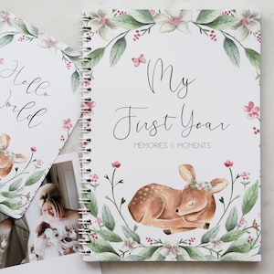 Journal de bébé, livre de bébé, journal de bébé et livre de souvenirs, forêt, faon, étape importante de bébé, journal de grossesse, ma première année, mon livre de première année