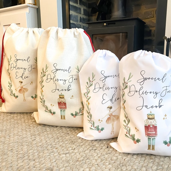 Personalised Christmas Sack, Stocking & Mug Set, Nutcracker or Fairy Design, Matching Family Christmas Gifts, Linen Santa Sack with Name