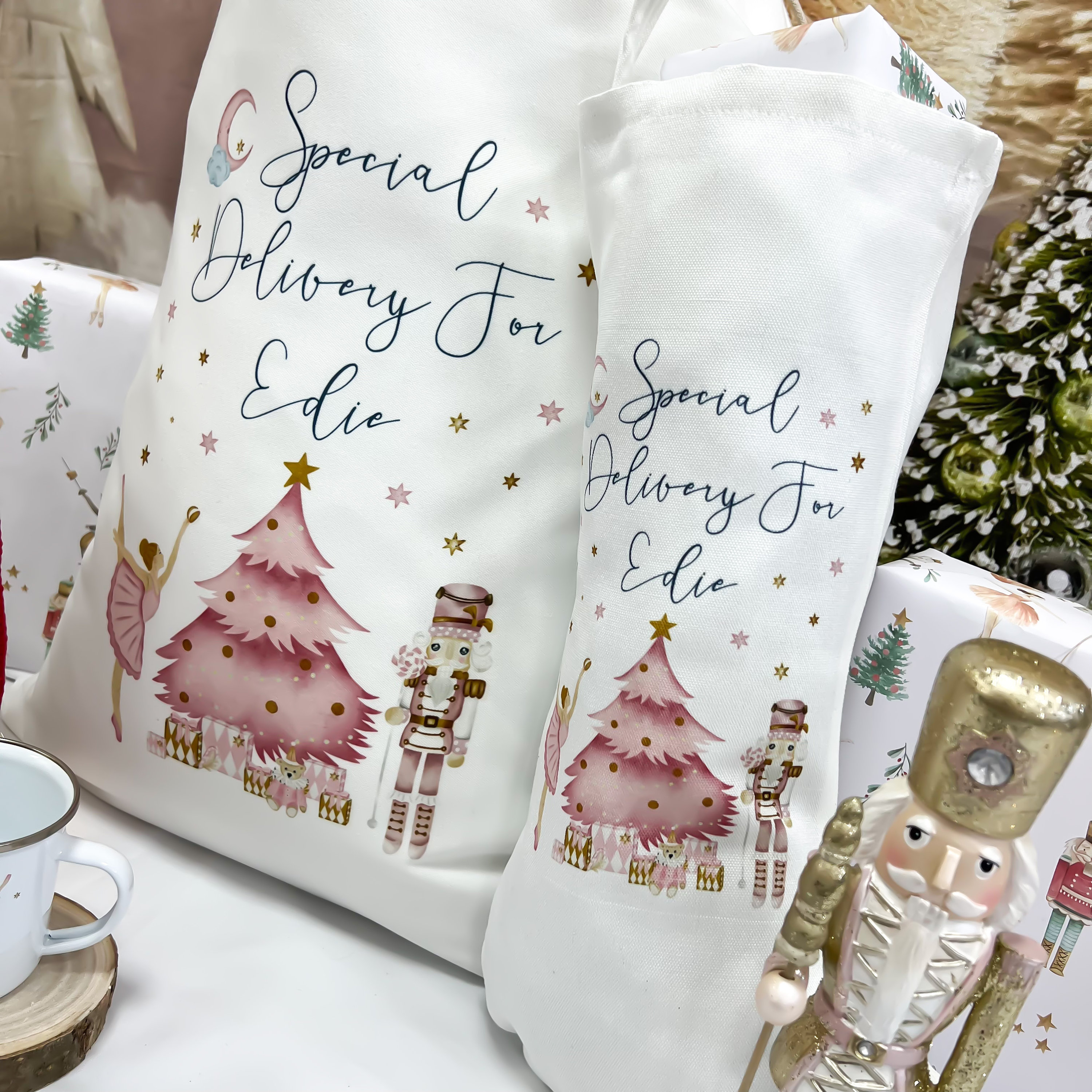 personalised santa sack, Christmas sack, Christmas nutcracker, sugar plum fairy, girl, boy, Christmas Eve box, first Christmas gift, pink