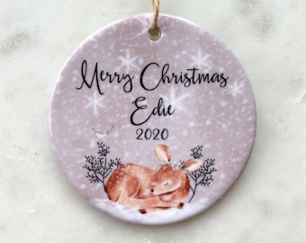 first Christmas decoration, first Christmas bauble, babys first Christmas, 1st Christmas, fawn, Christmas gift, woodland Christmas