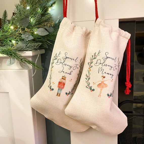 Personalised Linen Christmas Stocking, Nutcracker Fairy Design, Handmade UK
