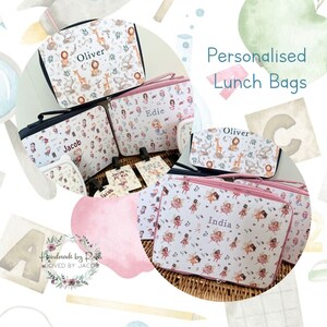 May include: Five personalized lunch bags with different designs and names. The bags are made of fabric and have a zipper closure. The designs include a fairy pattern, a mermaid pattern, and a woodland animal pattern. The names on the bags are India, Oliver, Edie, and Jacob.