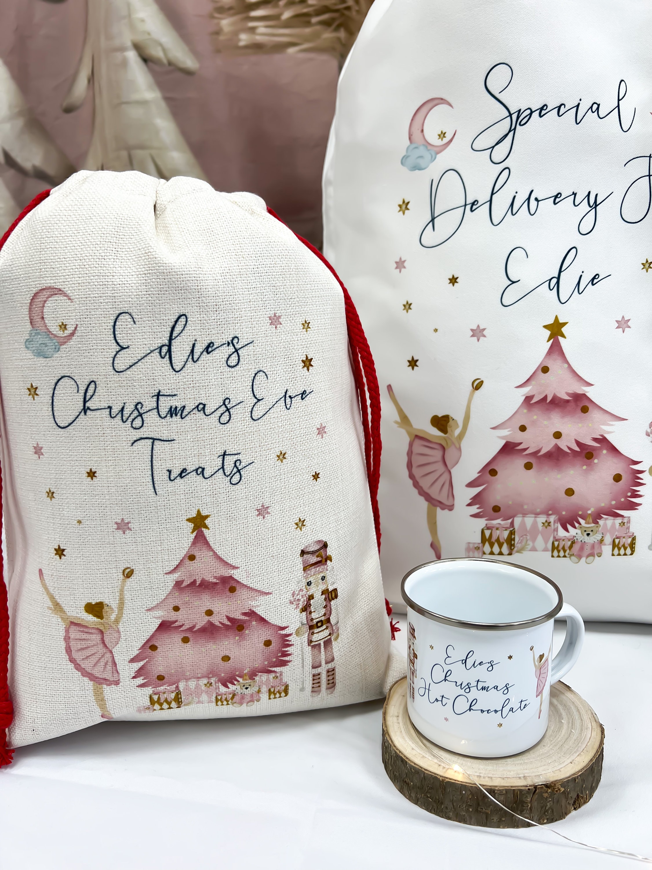 personalised santa sack, Christmas sack, Christmas nutcracker, sugar plum fairy, girl, boy, Christmas Eve box, first Christmas gift, pink