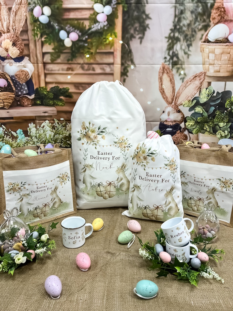May include: A set of four personalized Easter gift bags with bunny illustrations and the text "Easter Delivery For" followed by a name. The bags are surrounded by pastel-colored Easter eggs and green foliage.