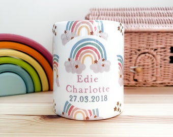 Personalised money box, piggy bank, new baby gift, christening gift, baby girl, baby shower gift, rainbow, birthday gift, girls birthday