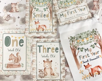 baby milestone cards, woodland, woodland milestone cards, pregnancy, baby shower gift, fox, baby bear, new baby gift