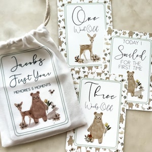 Cartes d'étape de bébé, forêt, cartes d'étape de la forêt, grossesse, cadeau de baby shower, faon, bébé ours
