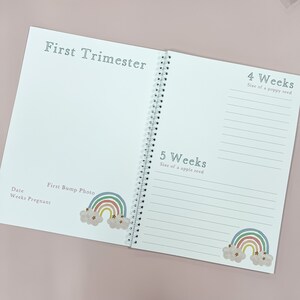 May include: A pregnancy journal with a rainbow design and the text "First Trimester". The journal has pages for tracking the size of the baby each week, with entries for weeks 4 and 5. The journal also has a section for a "First Bump Photo" with a space for a date and the number of weeks pregnant.
