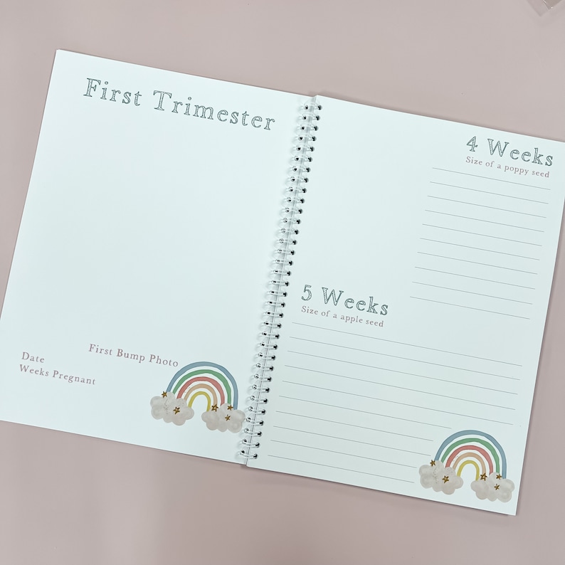May include: A pregnancy journal with a rainbow design and the text "First Trimester". The journal has pages for tracking the size of the baby each week, with entries for weeks 4 and 5. The journal also has a section for a "First Bump Photo" with a space for a date and the number of weeks pregnant.