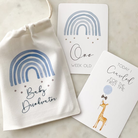 New Baby Shower Letter Box Gift Set Hamper Moon/Rainbow Nursery Plaque & Booties Boy Girl Unisex Blue with Rainbow Plaque Milestone Cards 