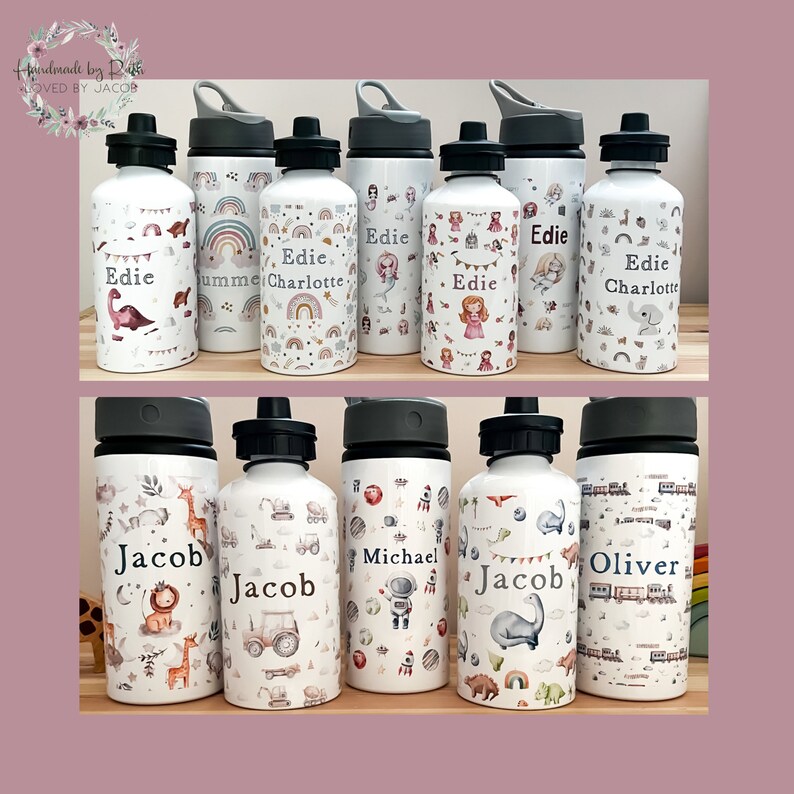 May include: A set of ten personalized water bottles with various colorful designs. The bottles are white with black lids and feature different patterns, including rainbows, dinosaurs, mermaids, and spaceships. The names "Edie", "Jacob", "Michael", "Oliver", and "Charlotte" are printed on the bottles.