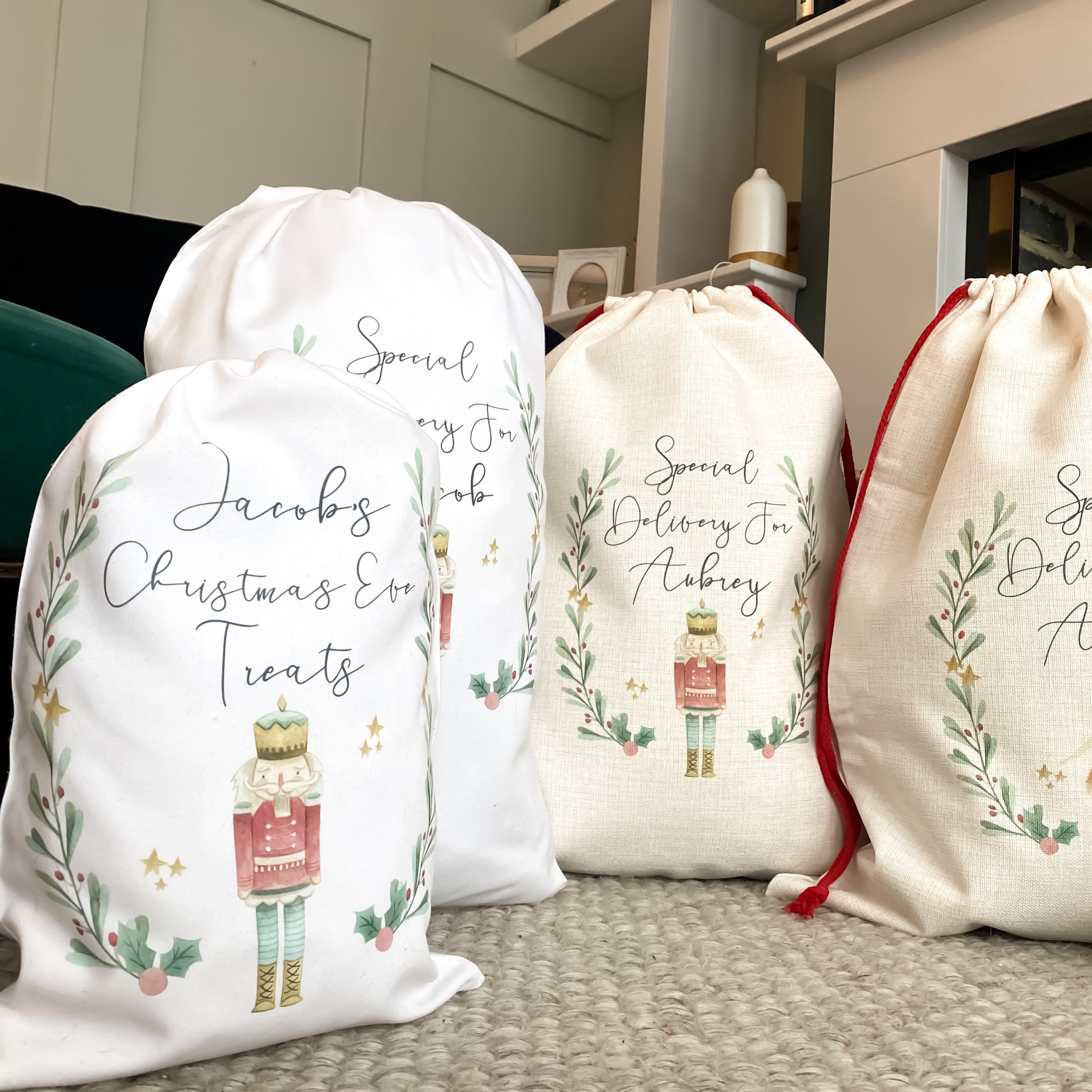 personalised santa sack, Christmas sack, Christmas nutcracker, sugar plum fairy, girl, boy, Christmas Eve box, first Christmas gift