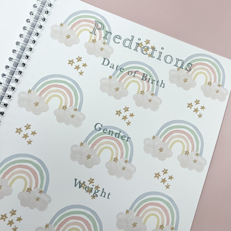 May include: A white page with the word "Predictions" at the top, followed by "Date of Birth", "Gender", and "Weight". The page is decorated with pastel rainbow illustrations and gold stars.