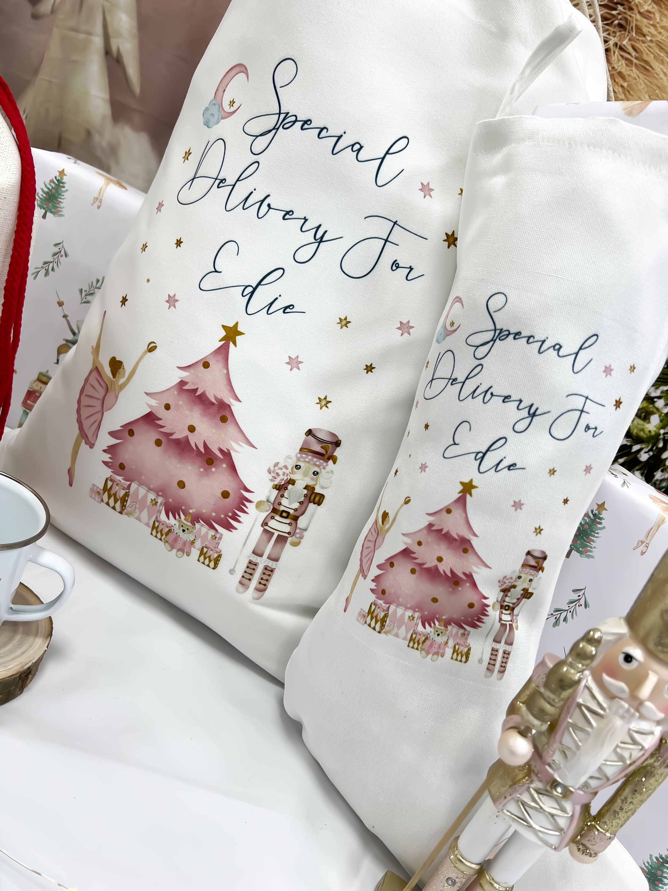 personalised santa sack, Christmas sack, Christmas nutcracker, sugar plum fairy, girl, boy, Christmas Eve box, first Christmas gift, pink