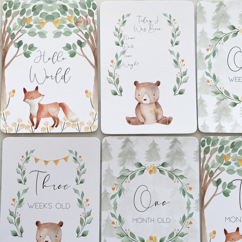 K&ouml;nnte beinhalten: Ein Set aus sechs Baby-Meilenstein-Karten mit Waldtieren und Gr&uuml;npflanzen. Die Karten enthalten die S&auml;tze "Hello World", "Today I Was Born", "One Month Old", "Three Weeks Old", "One Week Old" und "Two Weeks Old".