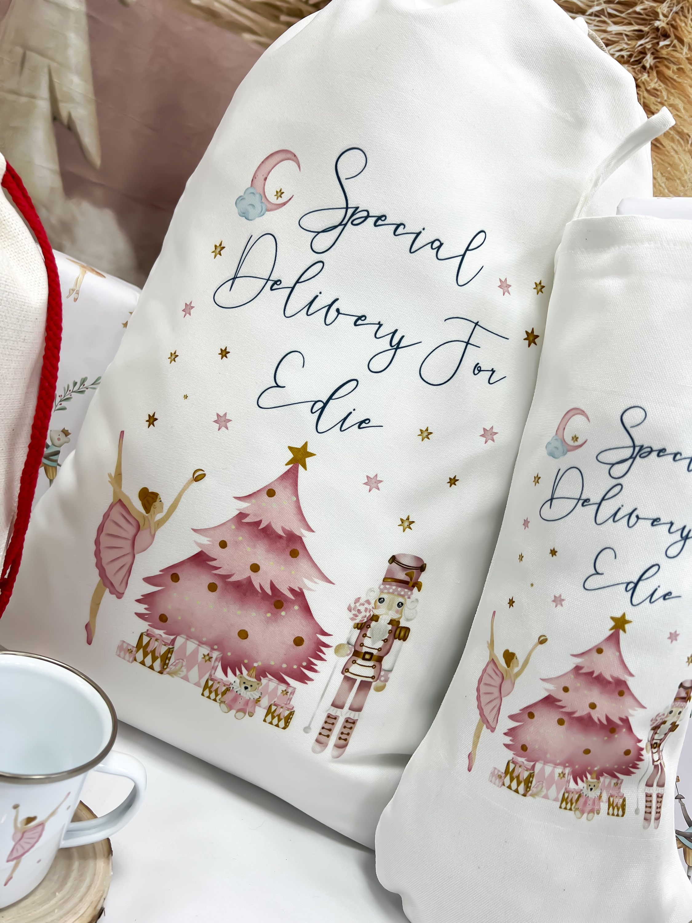 personalised santa sack, Christmas sack, Christmas nutcracker, sugar plum fairy, girl, boy, Christmas Eve box, first Christmas gift, pink