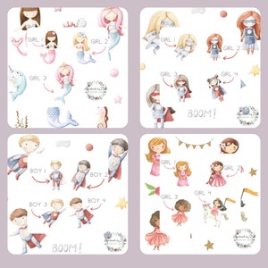 May include: A printable game for kids featuring watercolor illustrations of girls and boys dressed as superheroes and mermaids. The game includes instructions to match the characters by finding the matching halves of the images.