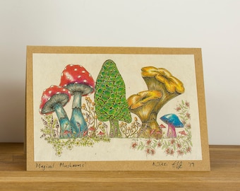 Magical mushrooms, signed art print blank greeting card, toadstool shrooms card design printed on lokta paper mounted on recycled Kraft card