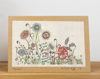 Meadow flowers, signed art print blank greeting card, wildflower sunshine, card design printed on lokta paper mounted on recycled Kraft card
