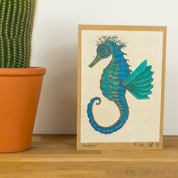 Blue seahorse blank greeting card, zentangle-inspired art doodle in Steampunk design printed on lokta paper, mounted on recycled Kraft card