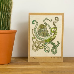 Green octopus blank greeting card, Zentangle-inspired art doodle in Steampunk design printed on lokta paper, mounted on recycled Kraft card