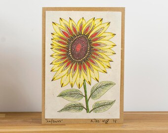 Sunflower, signed art print blank greeting card, wildlife sunshine flower, card design printed on lokta paper mounted on recycled Kraft card