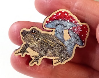 Toad and toadstool pin brooch wooden badge unique designed British wildlife lapel accessory Timeless Curiosity Zentangle inspired artwork