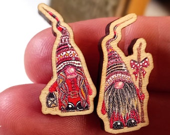 Tomte gnome brooch wooden badge unique designed seasonal lapel accessory Timeless Curiosity Zentangle inspired red Christmas mini wood pins