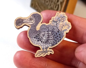 Dodo pin brooch wooden animal badge unique designed extinct bird lapel accessory Timeless Curiosity Zentangle inspired mini artwork