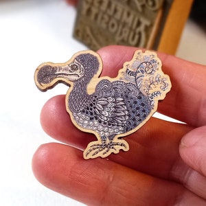 Dodo pin brooch wooden animal badge unique designed extinct bird lapel accessory Timeless Curiosity Zentangle inspired mini artwork
